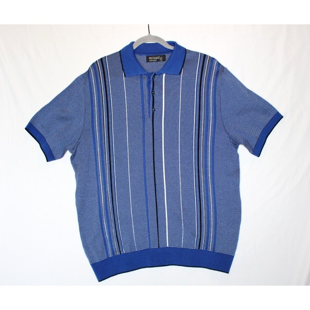 Vintage St. Croix Knit Polo Shirt Mens XL Blue Striped Coogi Style 90s USA Made